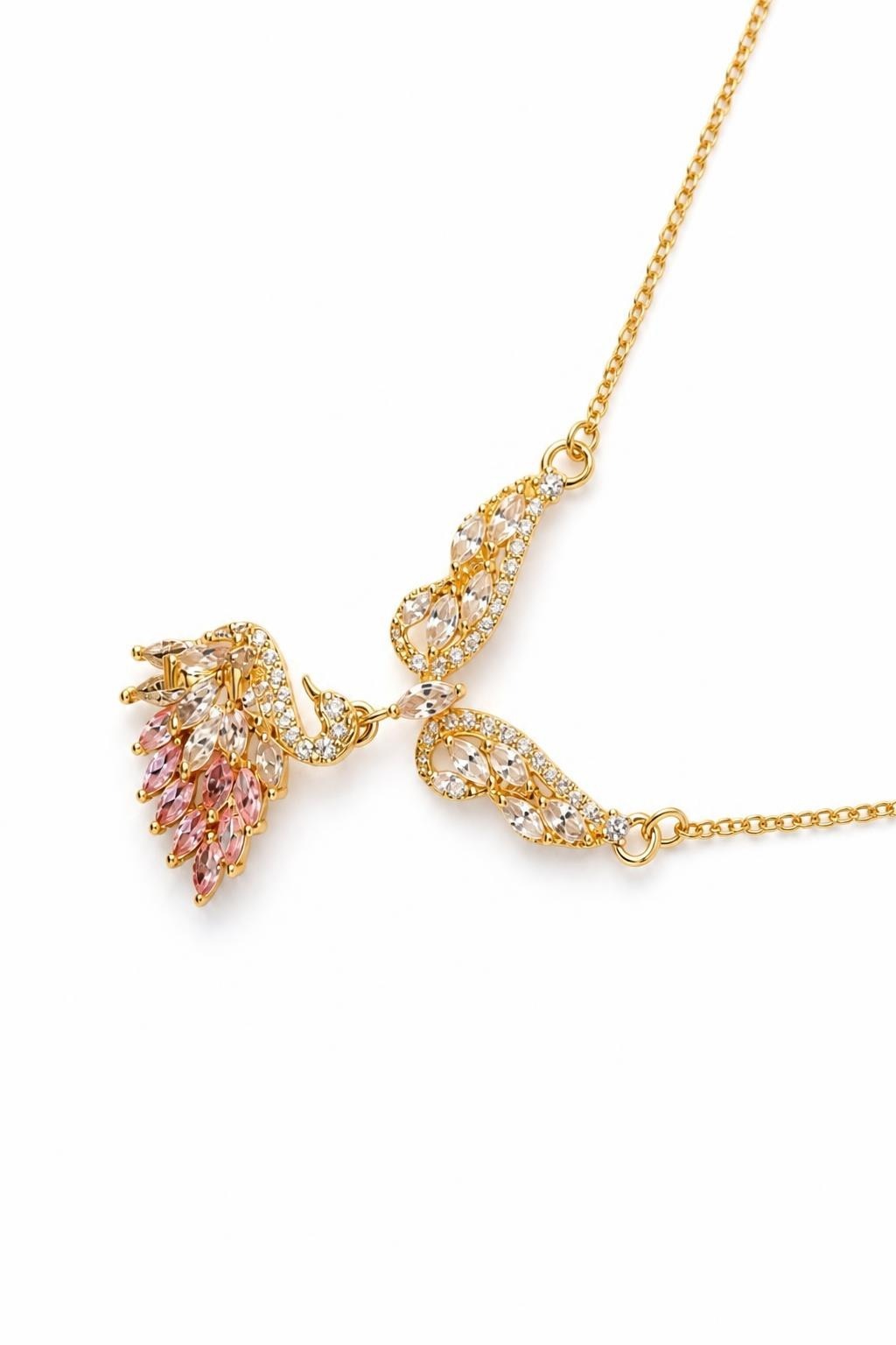 Gold Peacock Necklace with Pink Gemstones