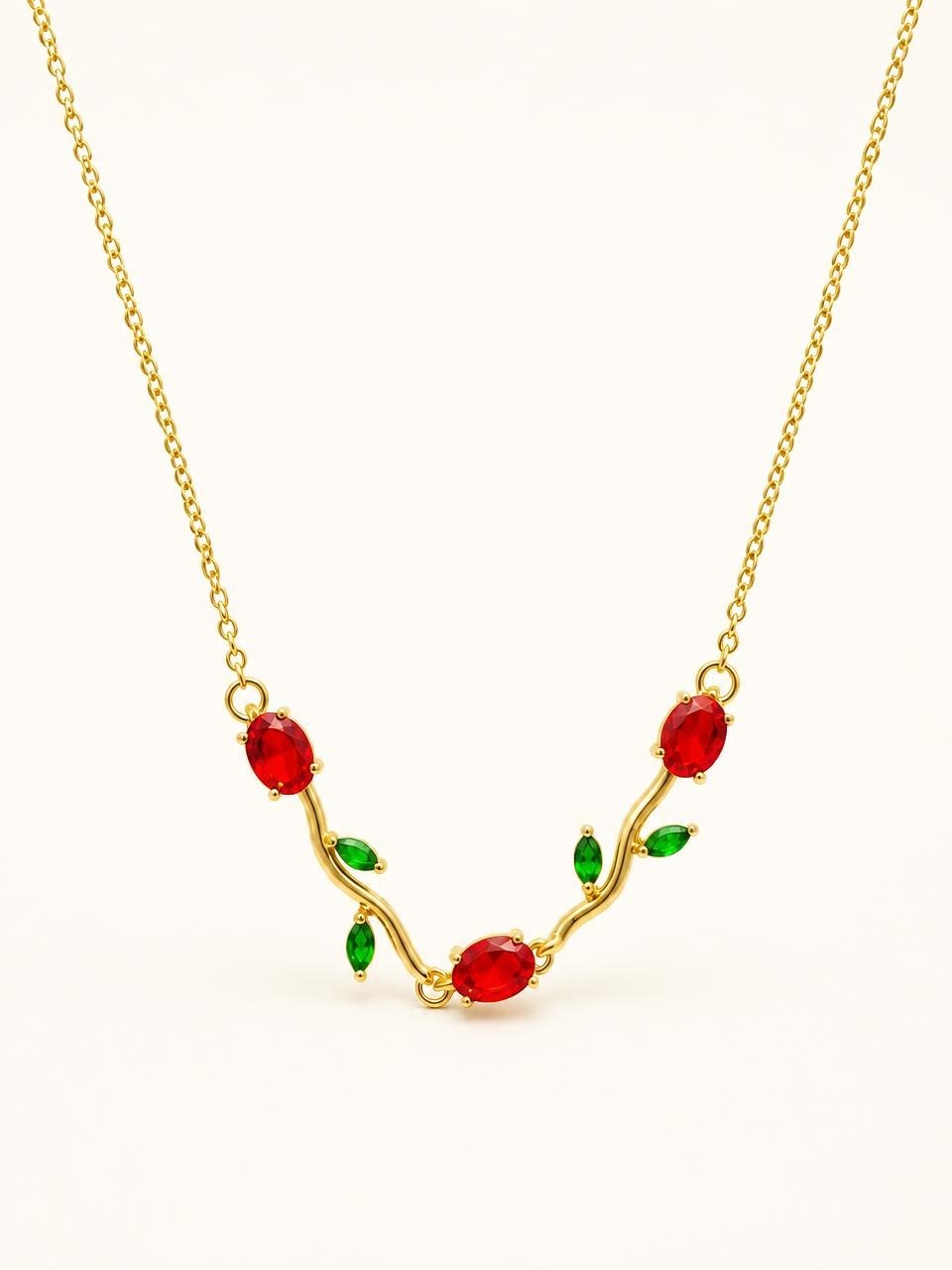 Gold Vine Necklace with Red & Green Gemstones