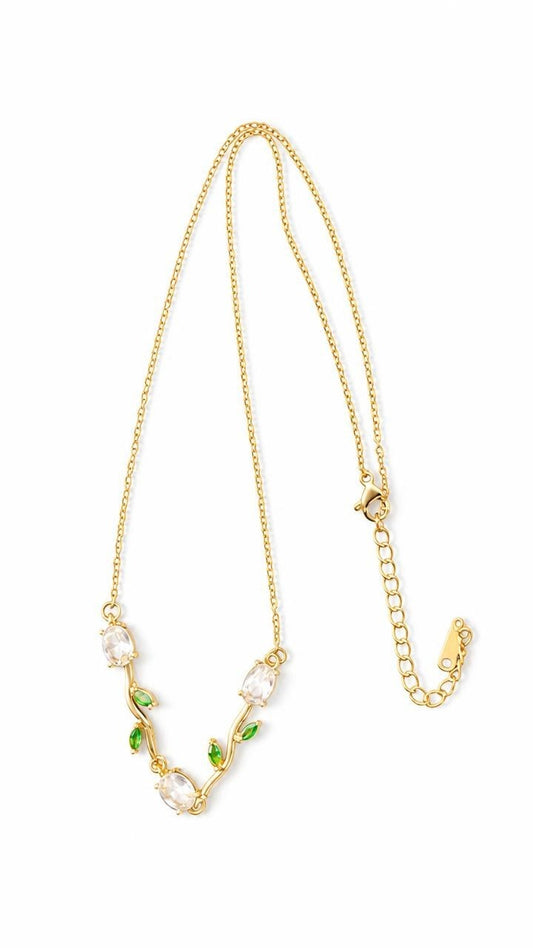 Gold Vine Necklace with Red & Green Gemstones