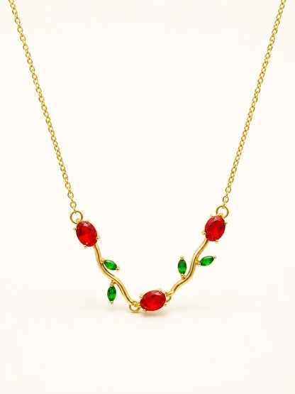 Gold Vine Necklace with Red & Green Gemstones
