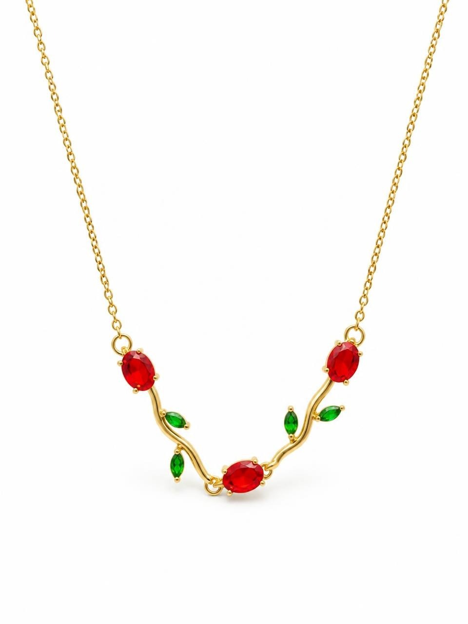 Gold Vine Necklace with Red & Green Gemstones