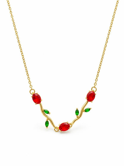 Gold Vine Necklace with Red & Green Gemstones